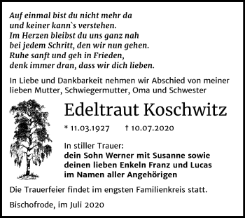 Traueranzeige von Edeltraut Koschwitz von Mitteldeutsche Zeitung Mansfelder Land