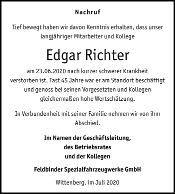Traueranzeige von Edgar Richter von Super Sonntag Wittenberg