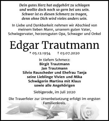 Traueranzeige von Edgar Trautmann von Mitteldeutsche Zeitung Mansfelder Land