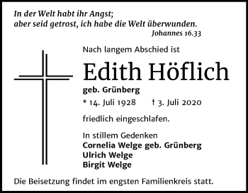 Traueranzeige von Edith Höflich von Mitteldeutsche Zeitung Halle/Saalkreis