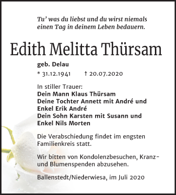 Traueranzeige von Edith Melitta Thürsam von Mitteldeutsche Zeitung Quedlinburg