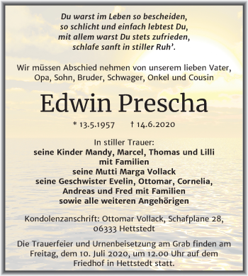 Traueranzeige von Edwin Prescha von Mitteldeutsche Zeitung Mansfelder Land