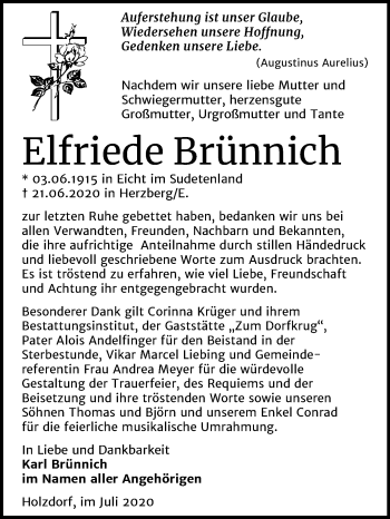 Traueranzeige von Elfriede Brünnich von Mitteldeutsche Zeitung Wittenberg