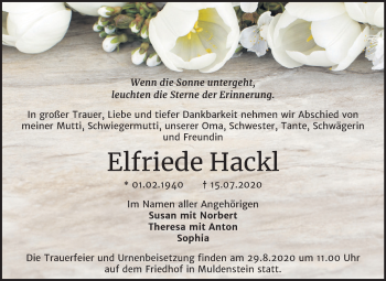 Traueranzeige von Elfriede Hackl von Wochenspiegel Bitterfeld