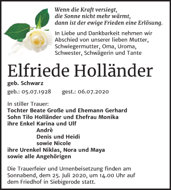Traueranzeige von Elfriede Holländer von Mitteldeutsche Zeitung Mansfelder Land