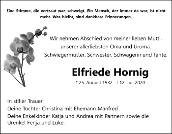Traueranzeige von Elfriede Hornig von Super Sonntag Quedlinburg