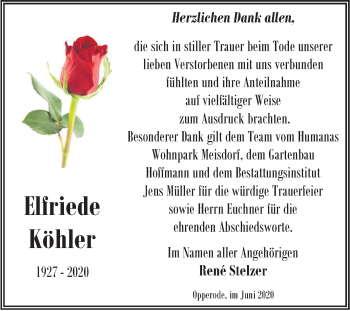 Traueranzeige von Elfriede Köhler von Mitteldeutsche Zeitung Quedlinburg