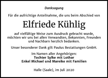 Traueranzeige von Elfriede Kühlig von Mitteldeutsche Zeitung Halle/Saalkreis