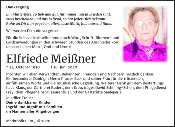 Traueranzeige von Elfriede Meißner von Mitteldeutsche Zeitung Weißenfels