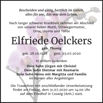 Traueranzeige von Elfriede Oelckers von Super Sonntag Wittenberg