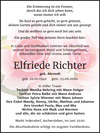 Traueranzeige von Elfriede Richter von Super Sonntag Aschersleben