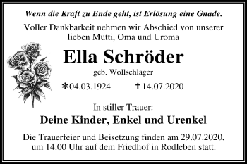 Traueranzeige von Ella Schröder von Super Sonntag Dessau-Roßlau