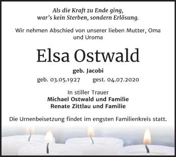 Traueranzeige von Elsa Ostwald von Mitteldeutsche Zeitung Bernburg