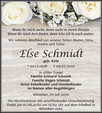 Traueranzeige von Else Schmidt von Mitteldeutsche Zeitung Aschersleben