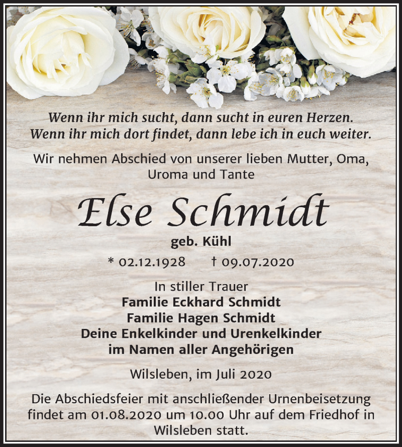  Traueranzeige für Else Schmidt vom 18.07.2020 aus Super Sonntag Aschersleben