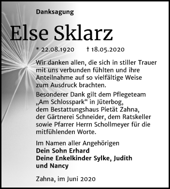 Traueranzeige von Else Sklarz von Super Sonntag Wittenberg