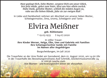Traueranzeige von Elvira Meißner von Wochenspiegel Naumburg/Nebra