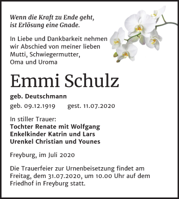 Traueranzeige von Emmi Schulz von Wochenspiegel Naumburg/Nebra
