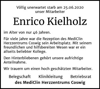 Traueranzeige von Enrico Kielholz von Super Sonntag Wittenberg