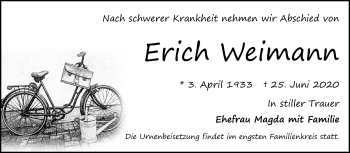 Traueranzeige von Erich Weimann von Wochenspiegel Bitterfeld
