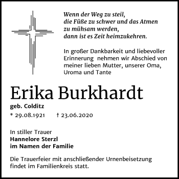 Traueranzeige von Erika Burkhardt von Wochenspiegel Naumburg/Nebra