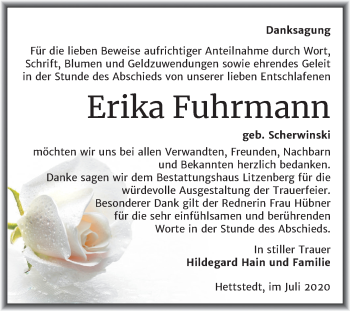 Traueranzeige von Erika Fuhrmann von Mitteldeutsche Zeitung Mansfelder Land