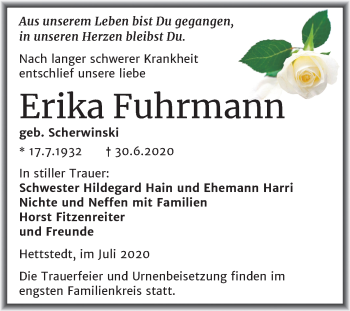 Traueranzeige von Erika Fuhrmann von Wochenspiegel Mansfelder Land