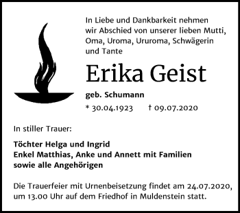 Traueranzeige von Erika Geist von Wochenspiegel Bitterfeld