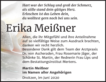 Traueranzeige von Erika Meißner von Wochenspiegel Naumburg/Nebra