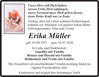 Traueranzeige von Erika Müller von Mitteldeutsche Zeitung Quedlinburg