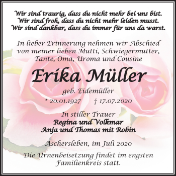 Traueranzeige von Erika Müller von Mitteldeutsche Zeitung Aschersleben