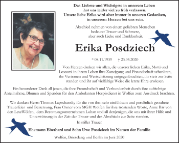 Traueranzeige von Erika Posdziech von Wochenspiegel Bitterfeld