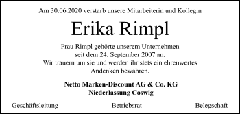 Traueranzeige von Erika Rimpl von Mitteldeutsche Zeitung Halle/Saalkreis
