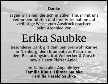 Traueranzeige von Erika Saubke von Super Sonntag Bernburg