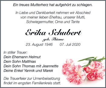Traueranzeige von Erika Schubert von Mitteldeutsche Zeitung Weißenfels