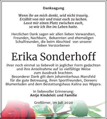 Traueranzeige von Erika Sonderhoff von Super Sonntag Mansfelder Land