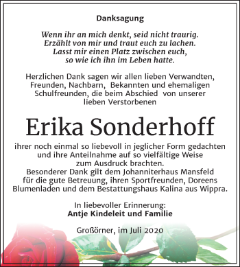 Traueranzeige von Erika Sonderhoff von Mitteldeutsche Zeitung Mansfelder Land