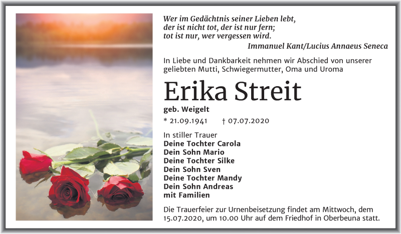  Traueranzeige für Erika Streit vom 11.07.2020 aus Super Sonntag Merseburg/Querfurt