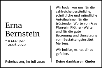Traueranzeige von Erna Beinstein von Wochenspiegel Naumburg/Nebra