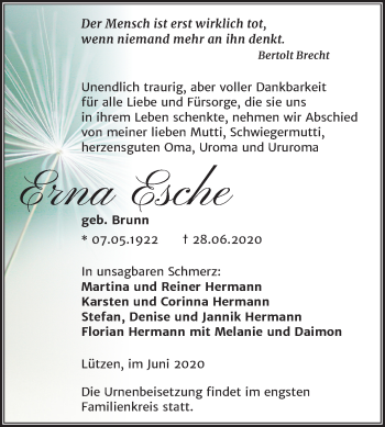 Traueranzeige von Erna Esche von Wochenspiegel Weißenfels