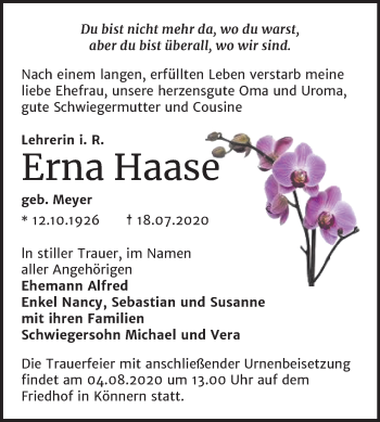 Traueranzeige von Erna Haase von Mitteldeutsche Zeitung Bernburg