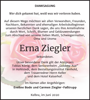 Traueranzeige von Erna Ziegler von Mitteldeutsche Zeitung Sangerhausen