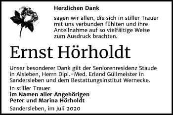 Traueranzeige von Ernst Hörholdt von Mitteldeutsche Zeitung Mansfelder Land