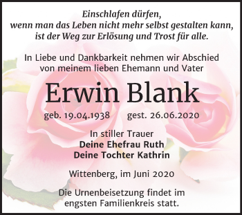 Traueranzeige von Erwin Blank von Mitteldeutsche Zeitung Wittenberg