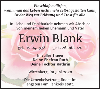 Traueranzeige von Erwin Blank von Super Sonntag Wittenberg