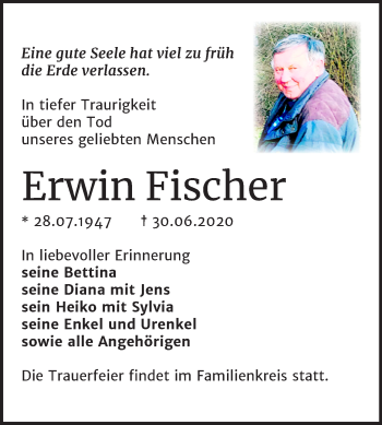 Traueranzeige von Erwin Fischer von Wochenspiegel Naumburg/Nebra