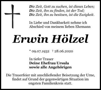 Traueranzeige von Erwin Hölzel von Wochenspiegel Bitterfeld