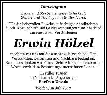 Traueranzeige von Erwin Hölzel von Wochenspiegel Bitterfeld