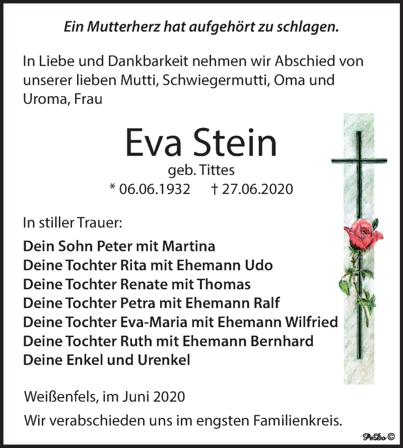  Traueranzeige für Eva Stein vom 04.07.2020 aus Mitteldeutsche Zeitung Weißenfels