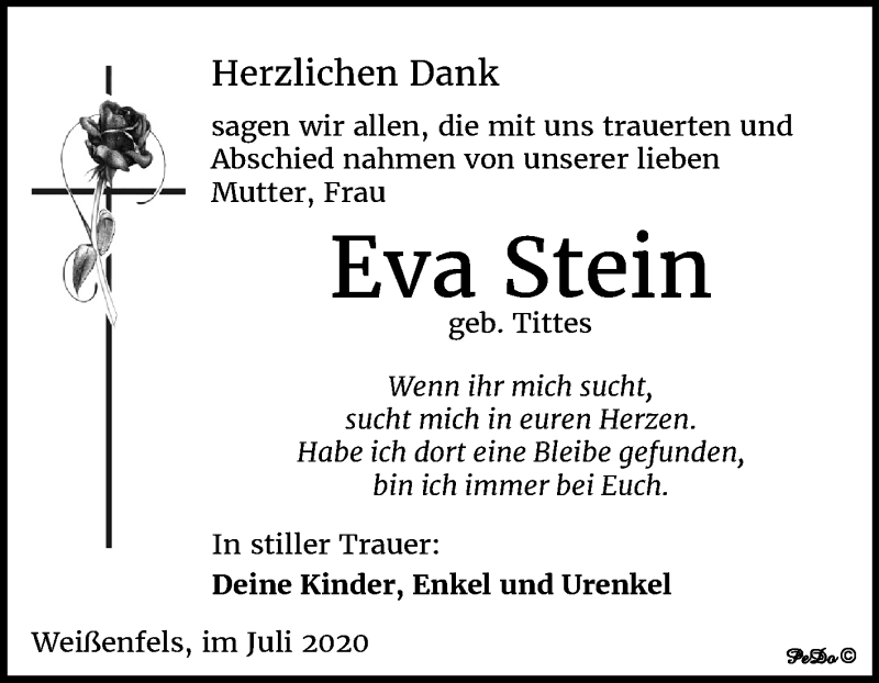  Traueranzeige für Eva Stein vom 29.07.2020 aus Wochenspiegel Weißenfels